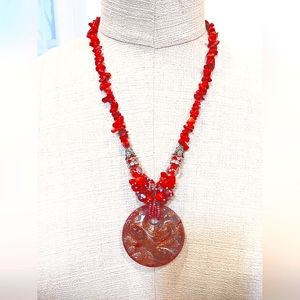 Red Coral Murano glass stunning Summer necklace New 24"